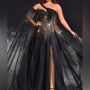 Elegant One Shoulder Black and Gold Evening Gown